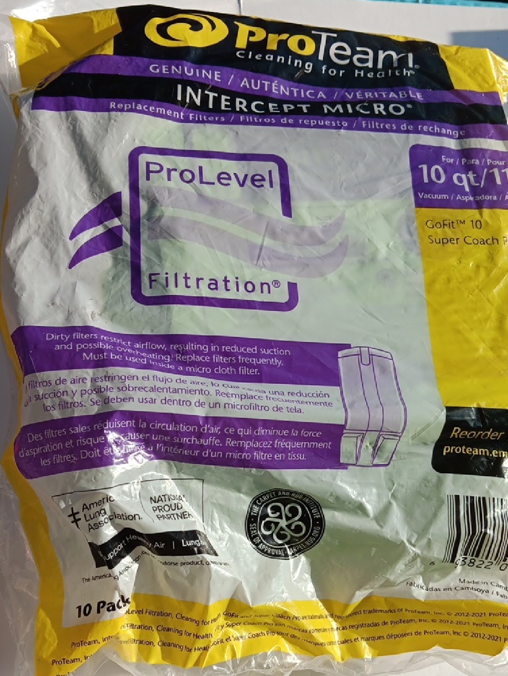 PROTEAM INTERCEPT MICRO PROLEVEL FILTRATION VACUUM BAGS 10qt/11L GO FIT 10